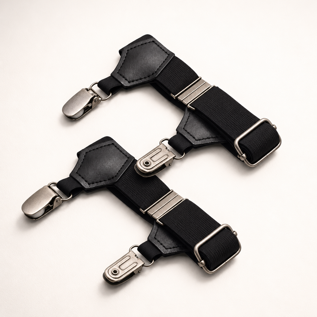 Black sock garters with metal clips, flat lay