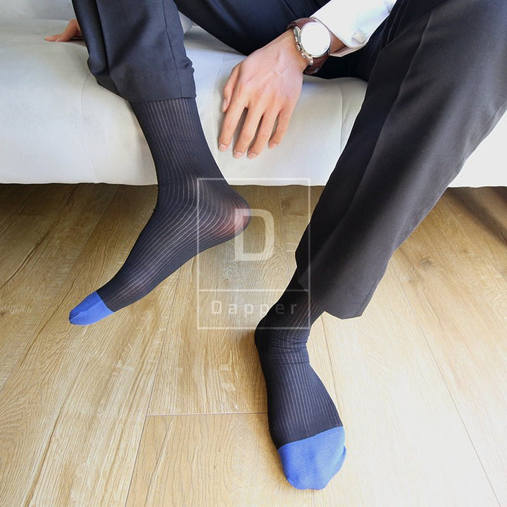 Blue Toe Striped Men's Business Dress Socks - Dapper Socks